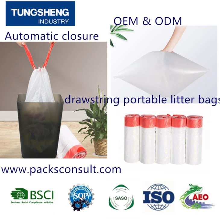 Automatic Closure Drawstring Portable Litter Bags
